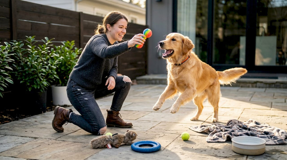 Woman playing fetch with golden retriever outdoors