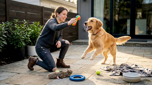 Woman playing fetch with golden retriever outdoors