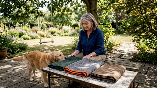 Woman reviewing waterproof dog blankets outdoors